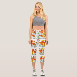Leggings Capri Flor de amapola naranja roja acuarela amapolas