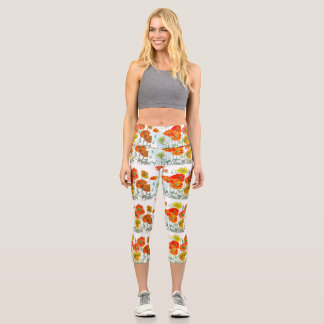 Leggings Capri Flor de amapola naranja roja acuarela amapolas
