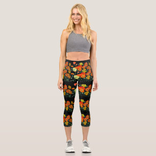 Leggings Capri Flor de amapola naranja roja acuarela amapolas