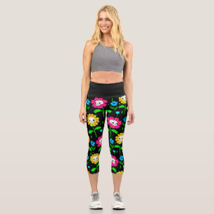 Leggings Capri flor de cráneo floral de halloween negro