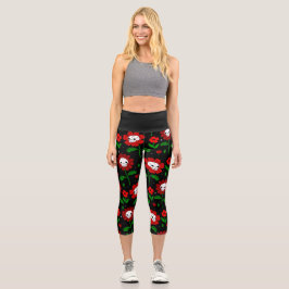 Leggings Capri flor de cráneo floral de halloween rojo