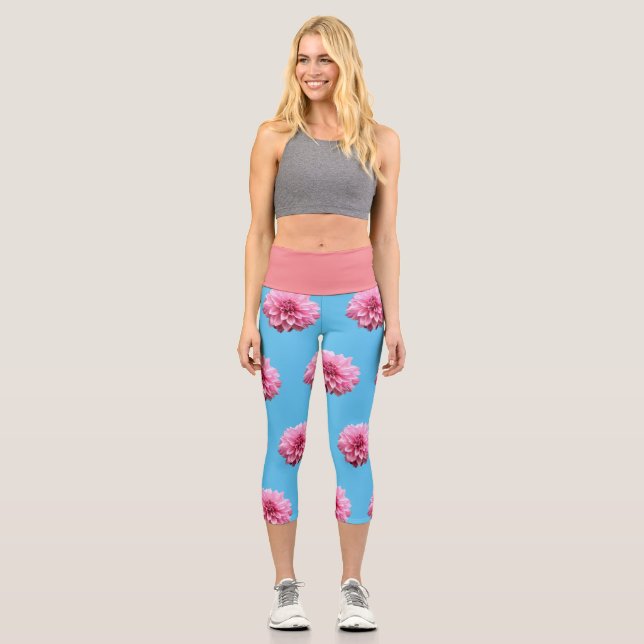 Leggings Capri flor de dahlia rosa (Anverso)