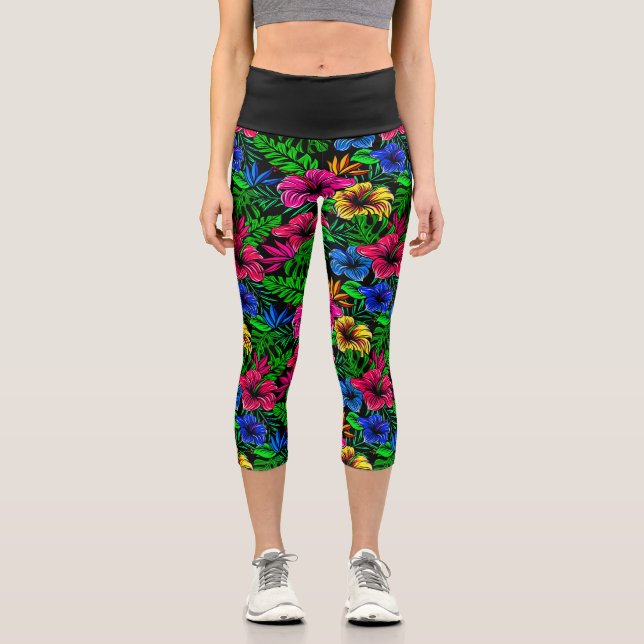 Leggings Capri Flor de Hibiscus amarillo rosa rojo tropical (Anverso)