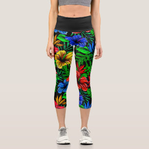 Leggings Capri Flor de Hibiscus azul amarillo rojo tropical