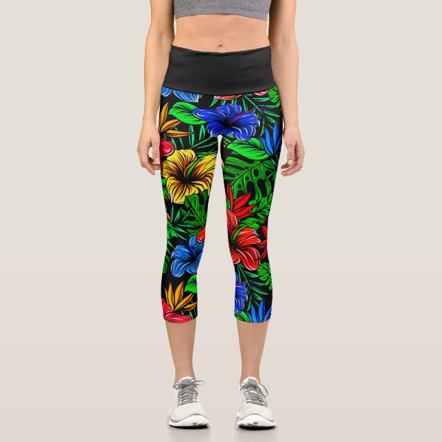 Leggings Capri Flor de Hibiscus azul amarillo rojo tropical (Anverso)