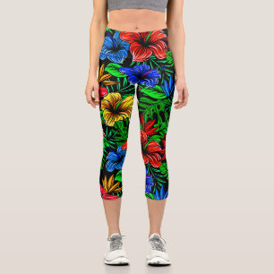 Leggings Capri Flor de Hibiscus azul amarillo rojo tropical