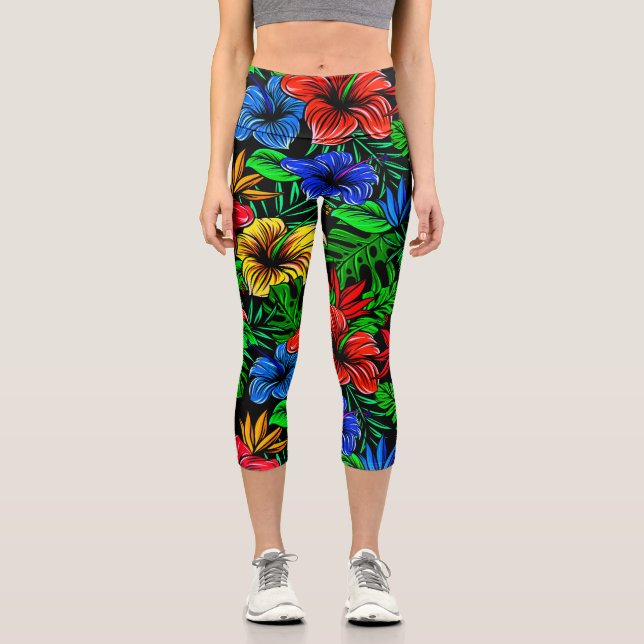 Leggings Capri Flor de Hibiscus azul amarillo rojo tropical (Anverso)