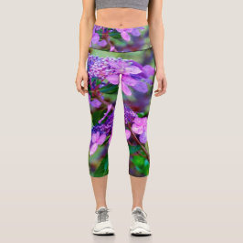 Leggings Capri Flor de hidrangea morada y grita