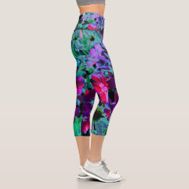 Leggings Capri Flor de jardín rosada, púrpura y rosada