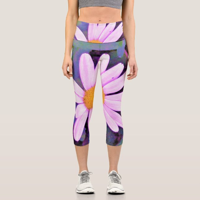 Leggings Capri Flor de margarita rosa (Anverso)