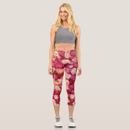 Leggings Capri Flor de peonía blanca y rosa en primavera