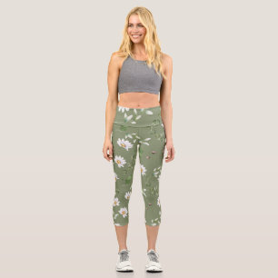 Leggings Capri Flor de pétalo blanco sobre fondo verde oliva