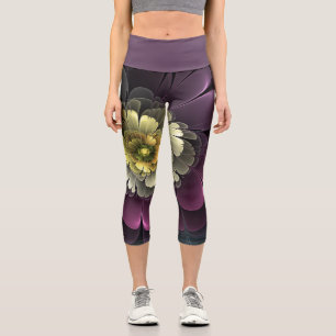 Leggings Capri Flor Fractal Gris Purpura Moderna Abstracta
