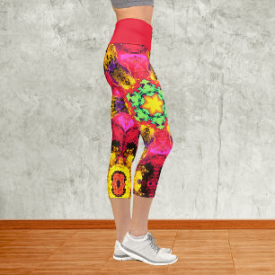 Leggings Capri Flor hippie psicodélica amarillo rosa y verde