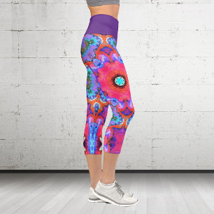 Leggings Capri Flor hippie psicodélica rosa azul y pierna Naranja