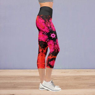 Leggings Capri Flor hippie psicodélica rosa rojo y negro leggi