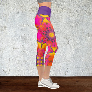 Leggings Capri Flor hippie psíquica rosa morado y amarillo L