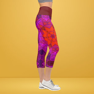 Leggings Capri Flor Mosaico Kaleidoscope Púrpura Rosa y Pierna Ro