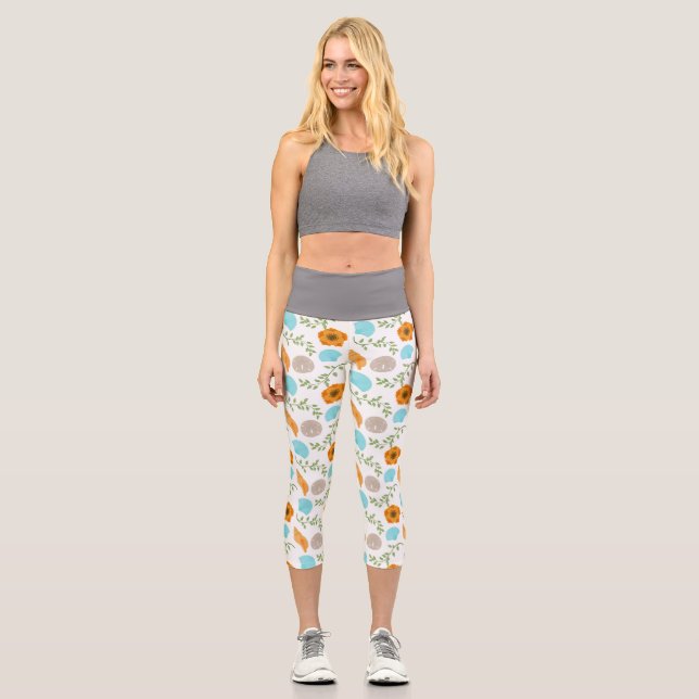 Leggings Capri Flor Naranja de caracol marino azul (Anverso)