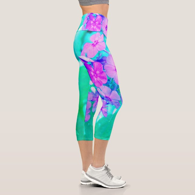 Leggings Capri Flor Phlox de jardín rosado en Aquamarine (Derecha)