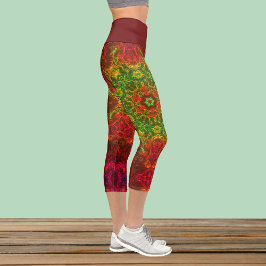 Leggings Capri Flor psicodélica de Kaleidoscopio verde y roja