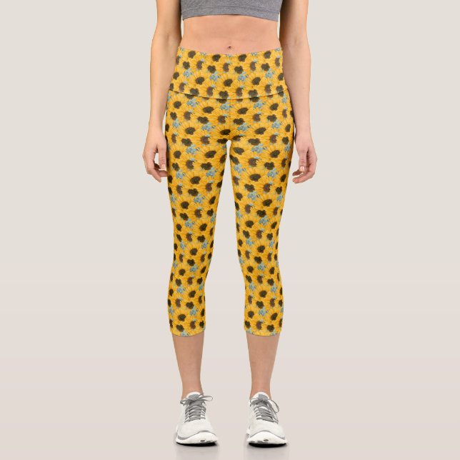 Leggings Capri Flora de color de agua girasol (Anverso)