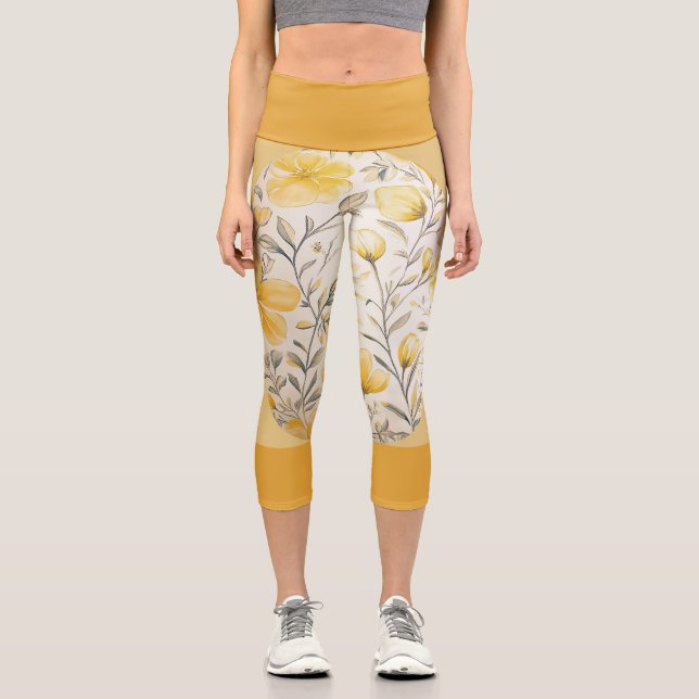 Leggings Capri Floral Amarilla Con Banda Amarilla Oscura (Anverso)