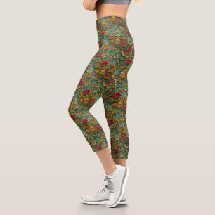 Leggings Capri Floral Barroco Esmeralda con Adornos Dorados