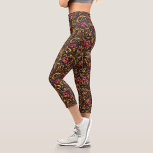 Leggings Capri Floral Barroco Oscuro con Roleos de Oro