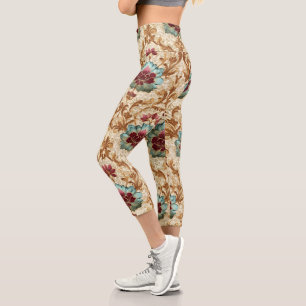 Leggings Capri Floral Damask Antiguo en Turquesa y Burdeos