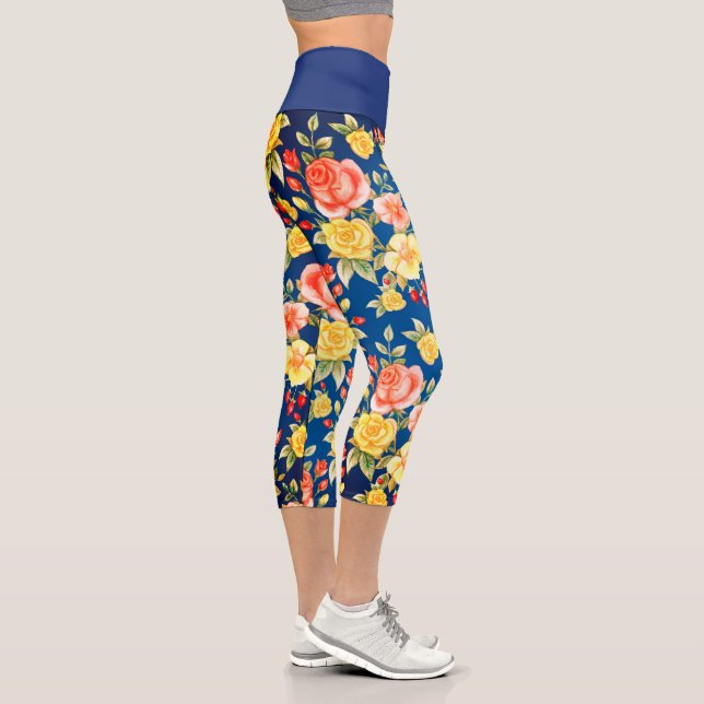 Leggings Capri Floral de manía azul de la marina (Derecha)
