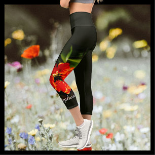 Leggings Capri Floral de Naranja brillante con nombre personaliza
