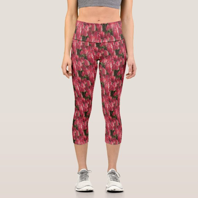 Leggings Capri Floral de tulipanes rosados (Anverso)