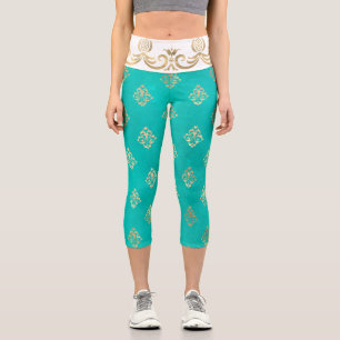 Leggings Capri Floral fleur de lis patrón oro verde azulado