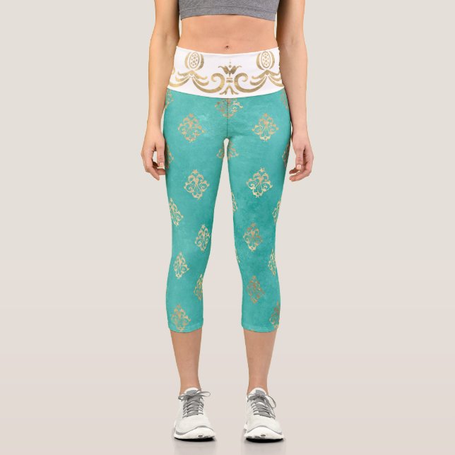 Leggings Capri Floral fleur de lis patrón oro verde azulado (Anverso)