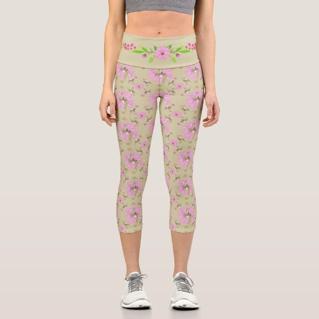 Leggings Capri Floral nostálgica rosa y verdeCapris de alto desga (Anverso)