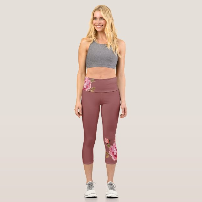 Leggings Capri Floral oscuro polvoriento rosado brillante Capris  (Anverso)