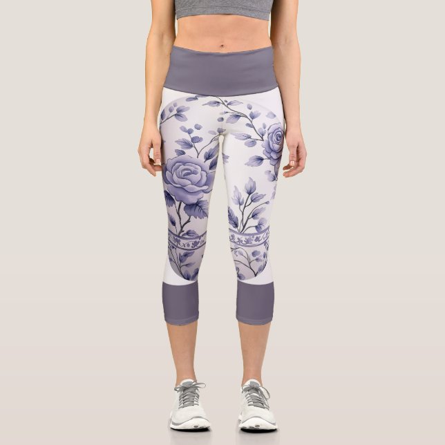 Leggings Capri Floral Púrpura Con Banda Morada Oscura (Anverso)