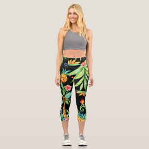 Leggings Capri Floral Tropical Exótica Piernas Negras