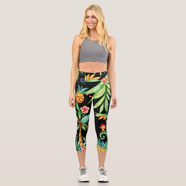 Leggings Capri Floral Tropical Exótica Piernas Negras (Anverso)