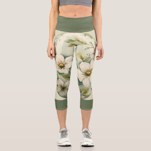 Leggings Capri Floral verde sobre verde claro con banda verde osc