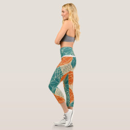 Leggings Capri Flores abstractas de color azul verdoso, naranja y