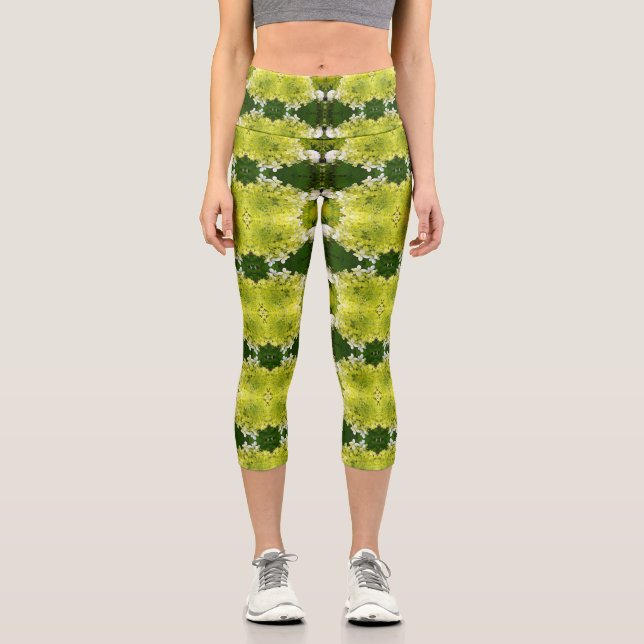 Leggings Capri Flores abstractas de Hortensia en Verde Chartreuse (Anverso)