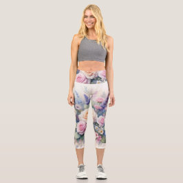 Leggings Capri Flores acuarelas en tonos pastel suaves