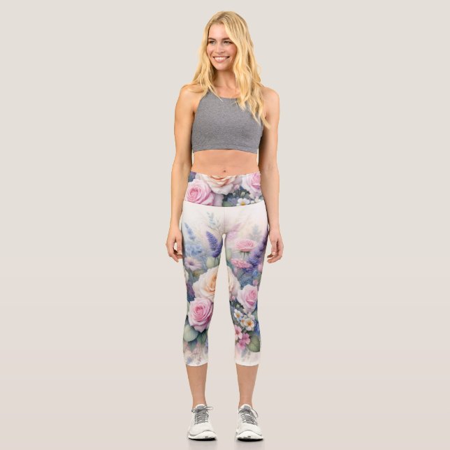 Leggings Capri Flores acuarelas en tonos pastel suaves (Anverso)
