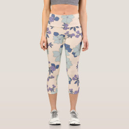 Leggings Capri Flores azules, flores moradas, patrón floral