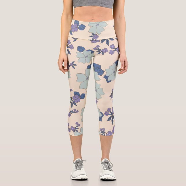 Leggings Capri Flores azules, flores moradas, patrón floral (Anverso)