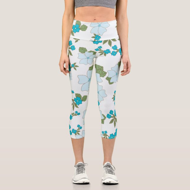 Leggings Capri Flores Azules, Patrón Floral, Patrón De Flores (Anverso)