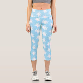 Leggings Capri Flores blancas en azul claro