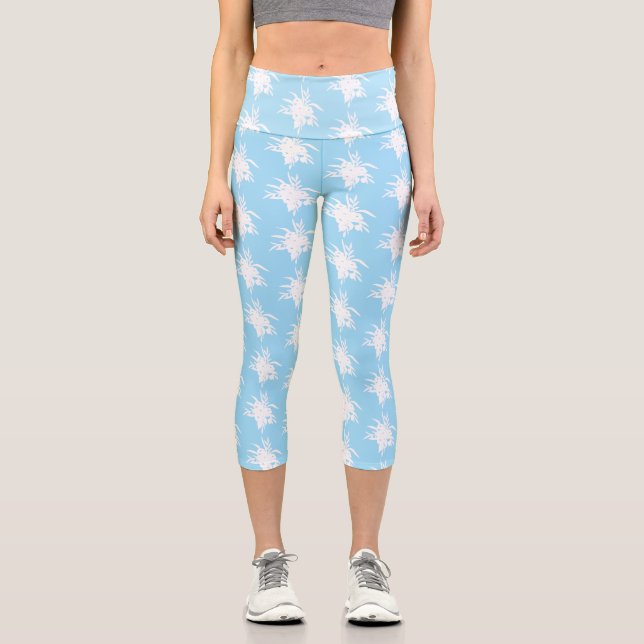Leggings Capri Flores blancas en azul claro (Anverso)
